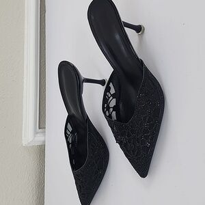 Black Pointed Toe  Women's Heel Slippers with Glitters Size 8